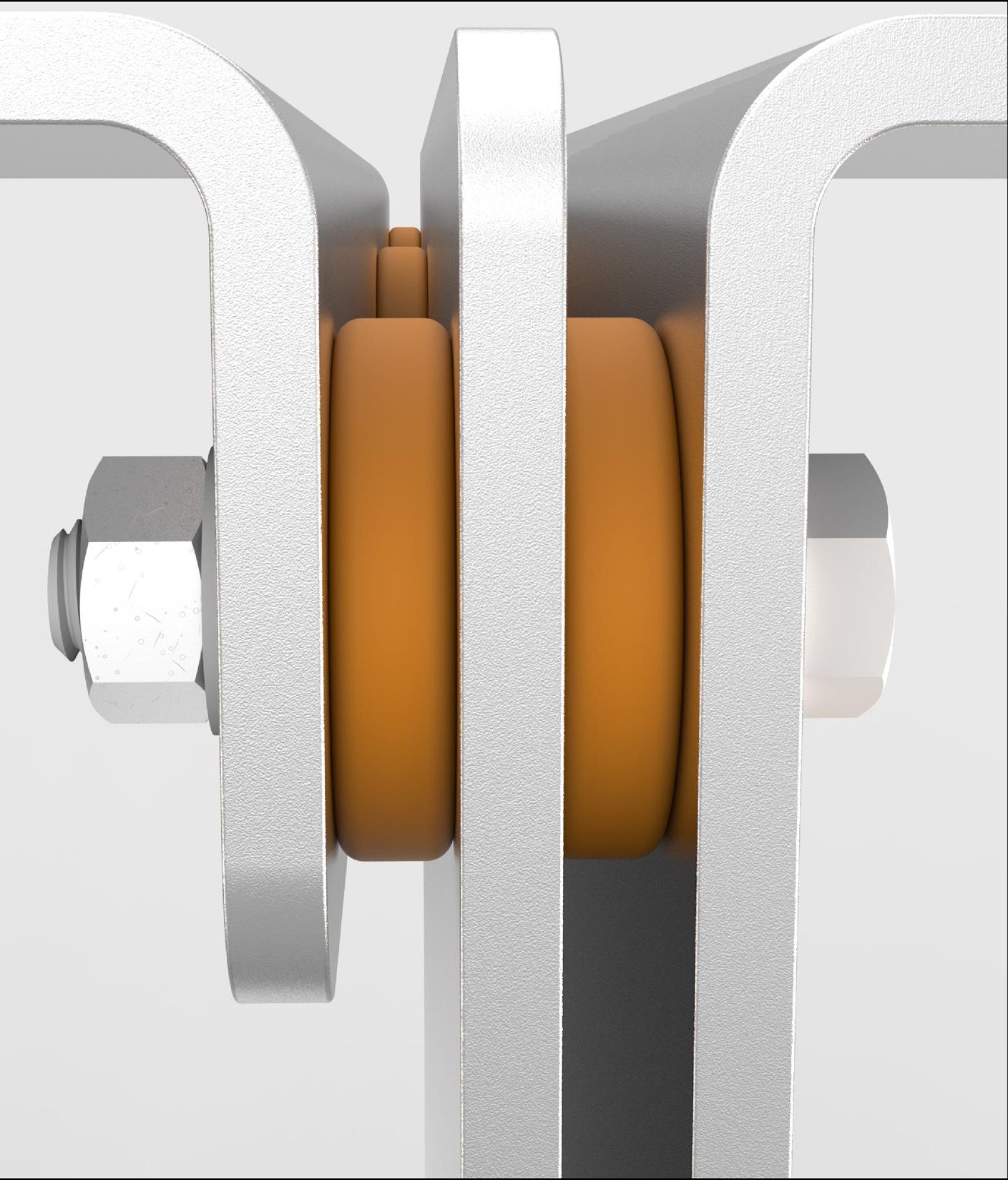 Close-up of Standard Equipment silicone bushing and M8 hardware between aluminum panels