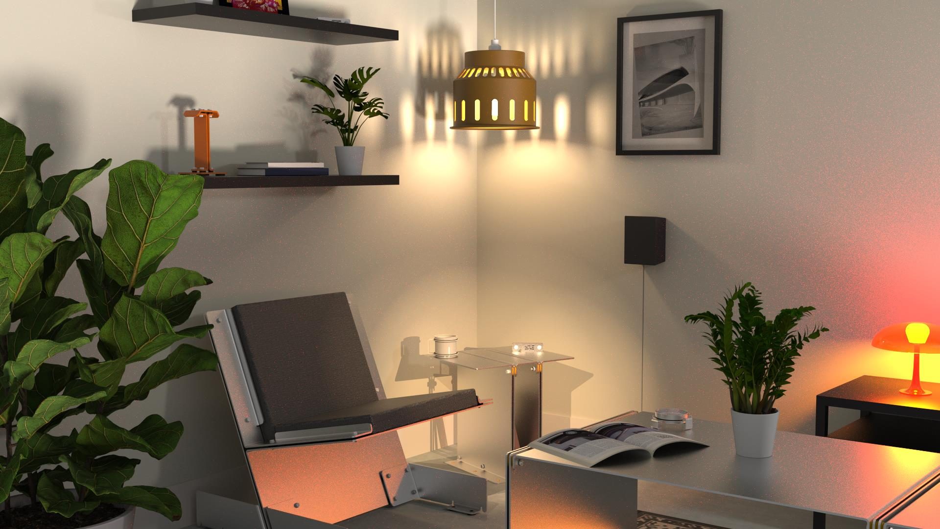 3082 beside a lounge chair in a warm interior render