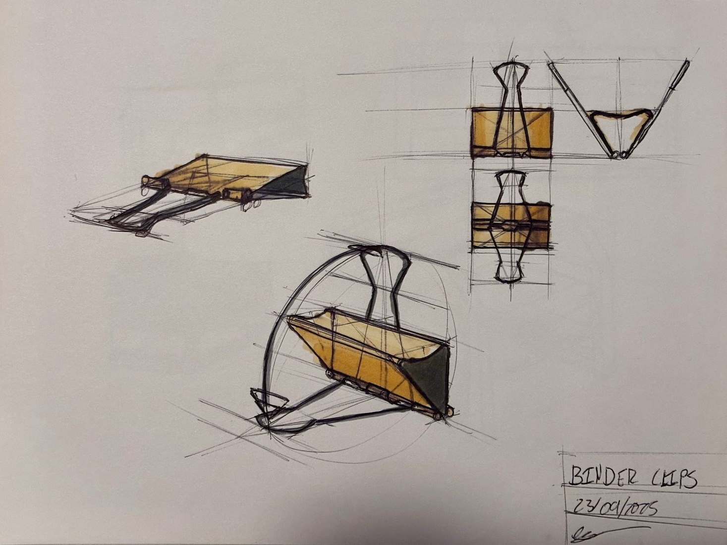 Sketchbook page: Binder clips, ball point pen and alcohol marker