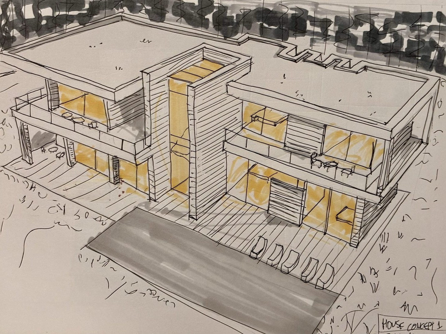 Sketchbook page: House concept, ball point pen and alcohol marker