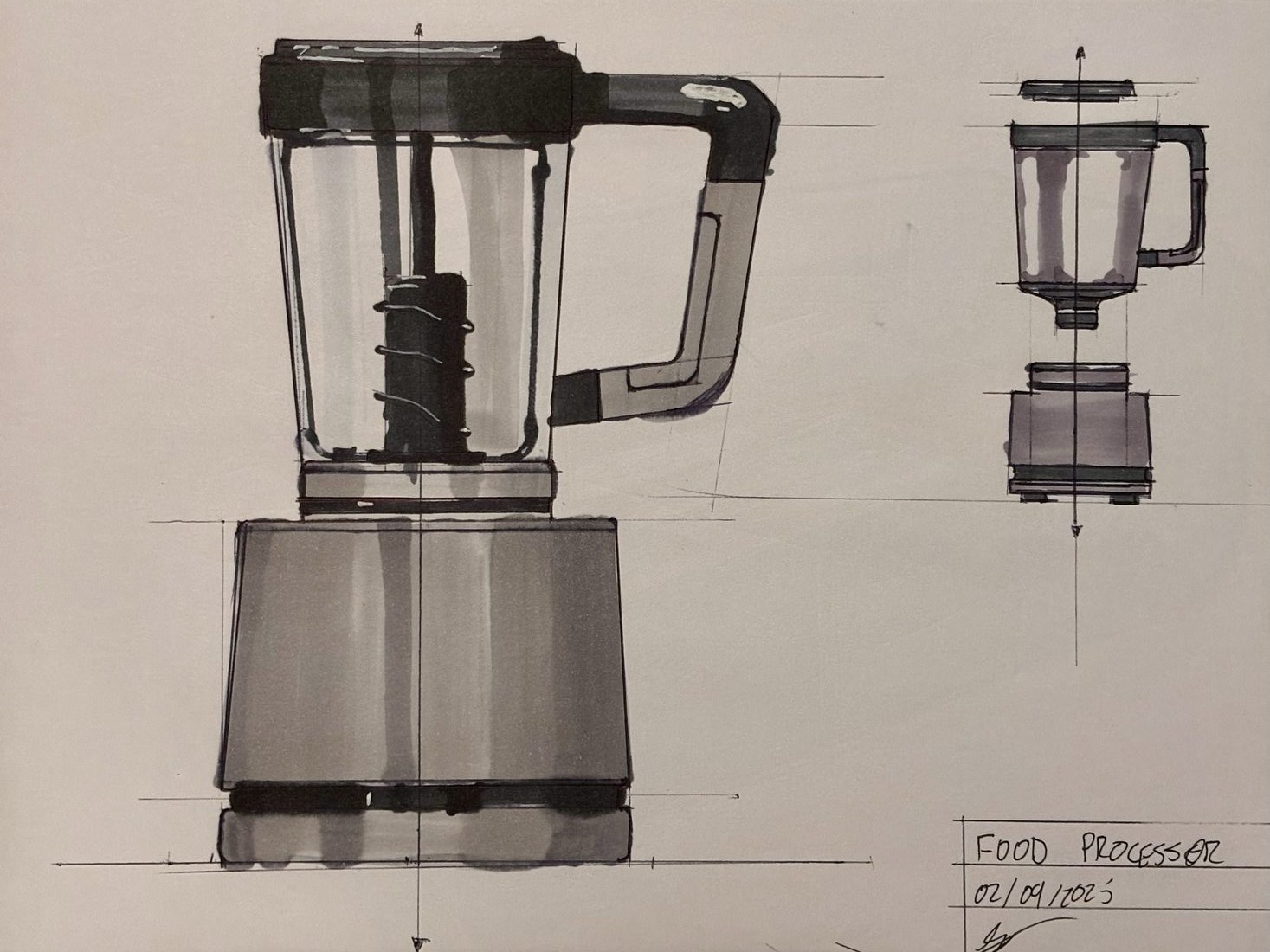 Sketchbook page: Food processor, ball point pen and alcohol marker