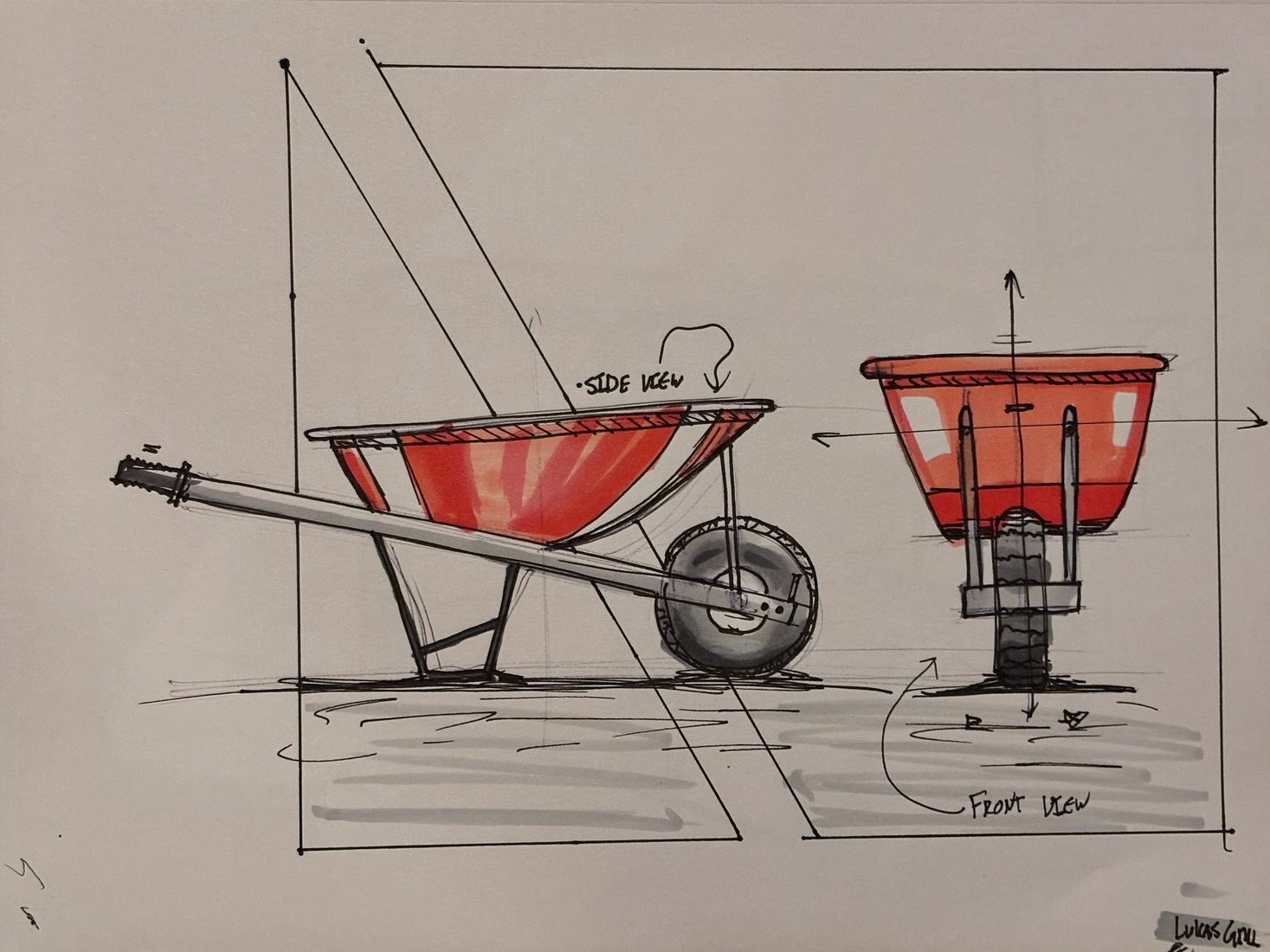 Sketchbook page: Wheelbarrow, ball point pen and alcohol marker