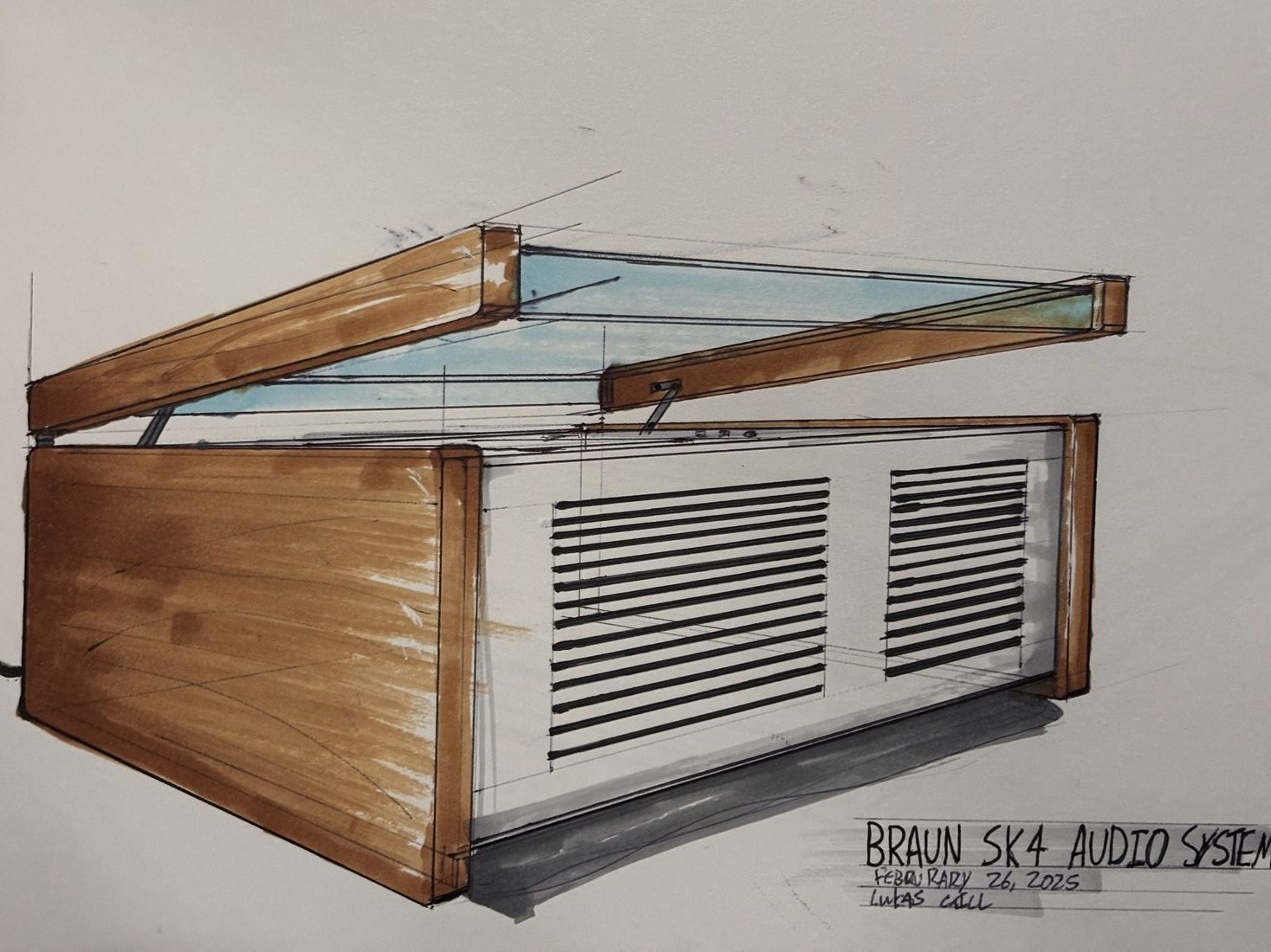 Sketchbook page: Braun SK4, ball point pen and alcohol marker