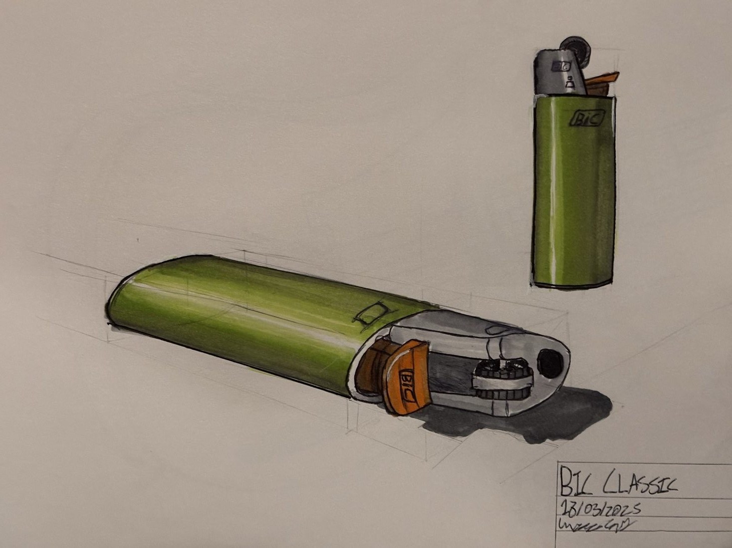 Sketchbook page: Lighter, ball point pen and alcohol marker