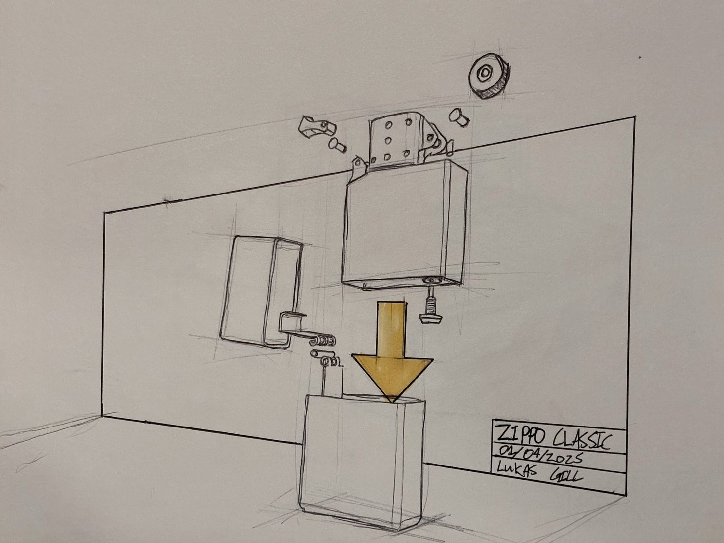 Sketchbook page: Zippo · exploded view, ball point pen and alcohol marker