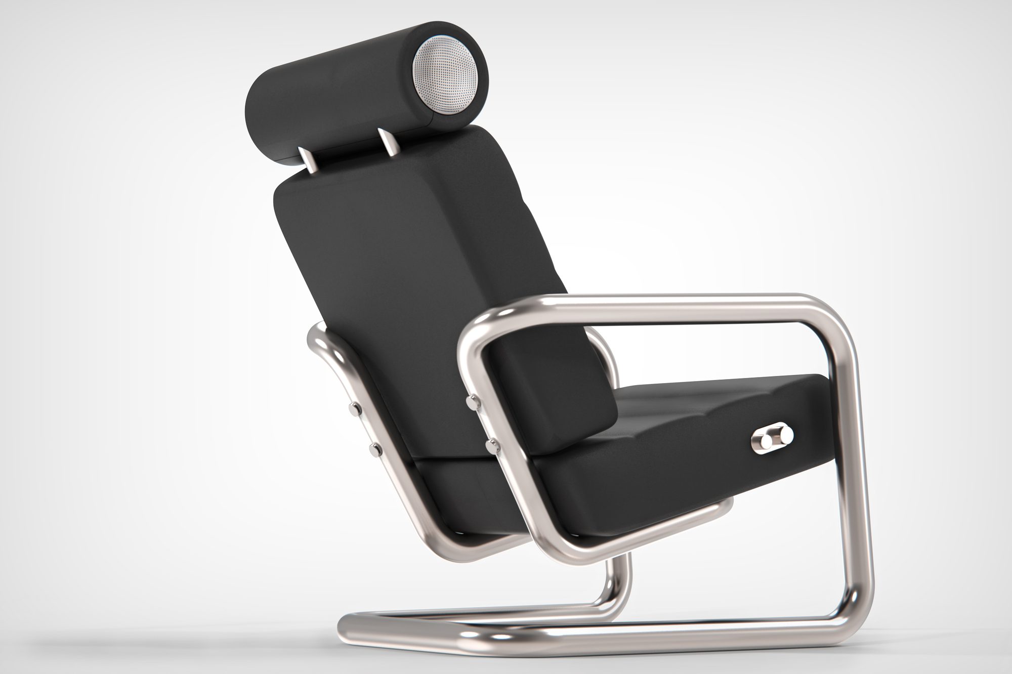 MC_01 lounge chair, rear three-quarter studio render - black leather, polished stainless frame, speaker headrest