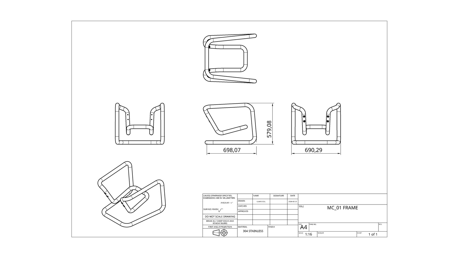 MC_01 frame technical drawing, 304 stainless, drawn by Lukas Gill