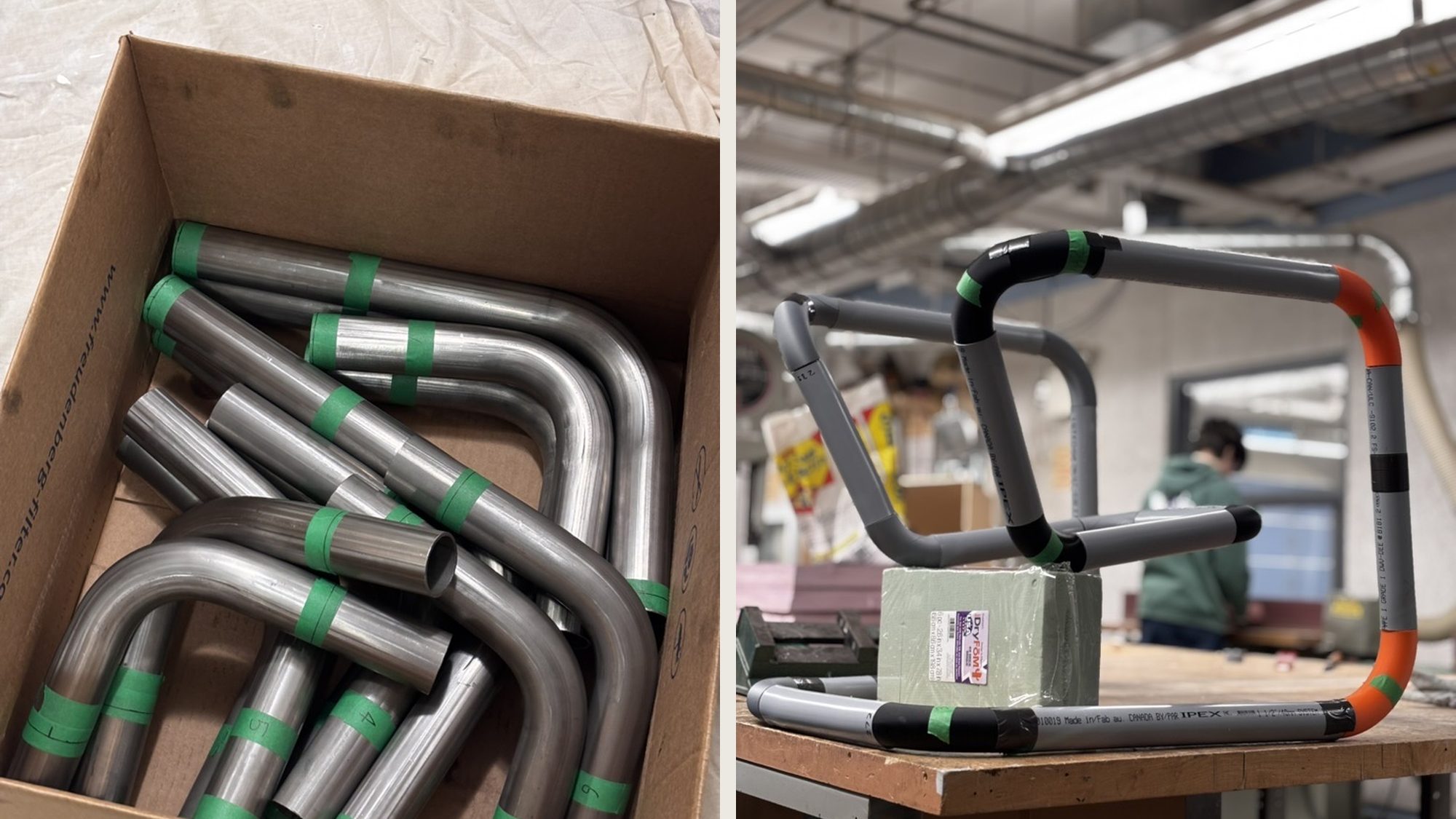 Bent stainless tube sections and taped frame mockup