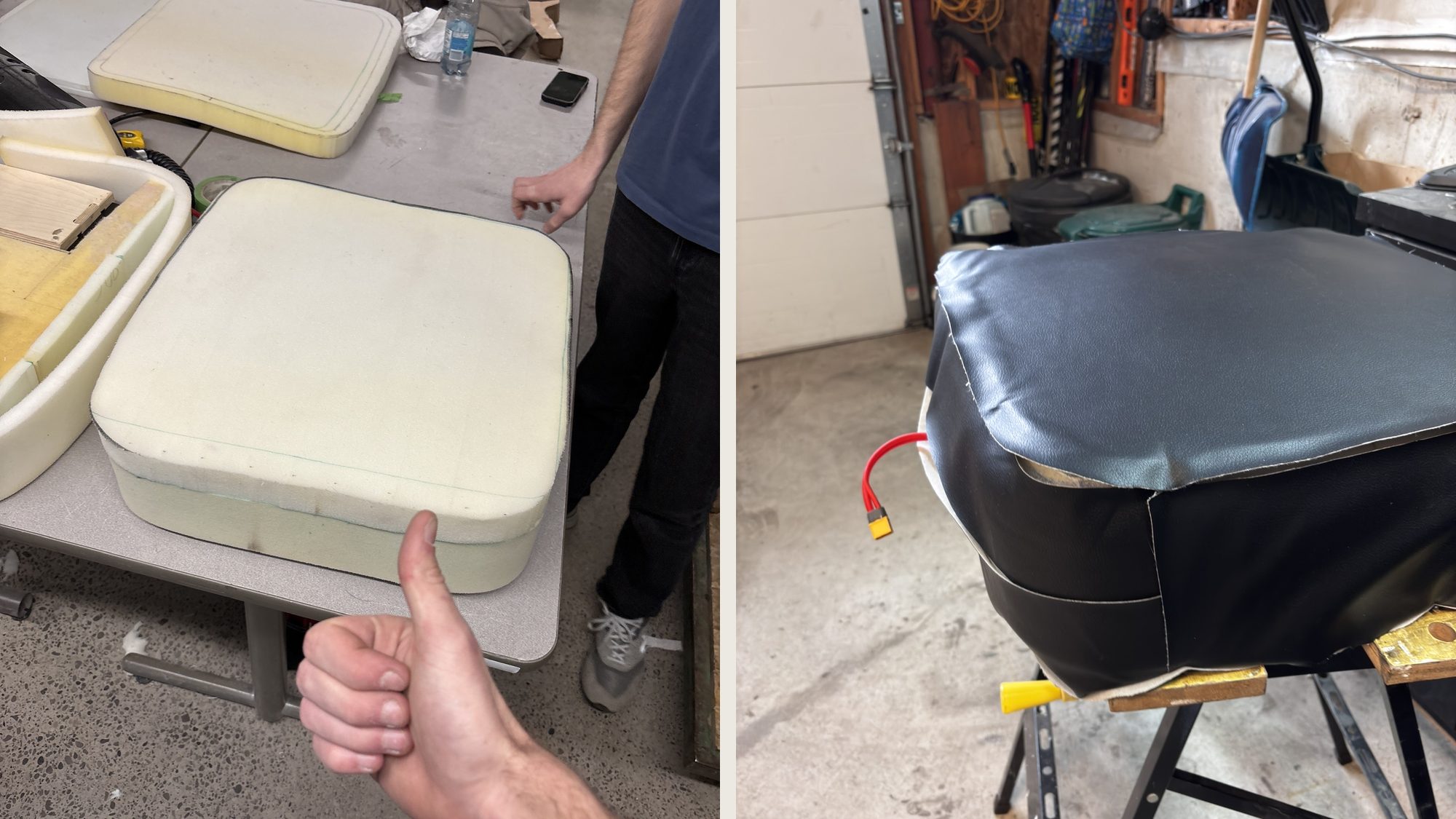 Foam cushion shaping and leather upholstery on sawhorses