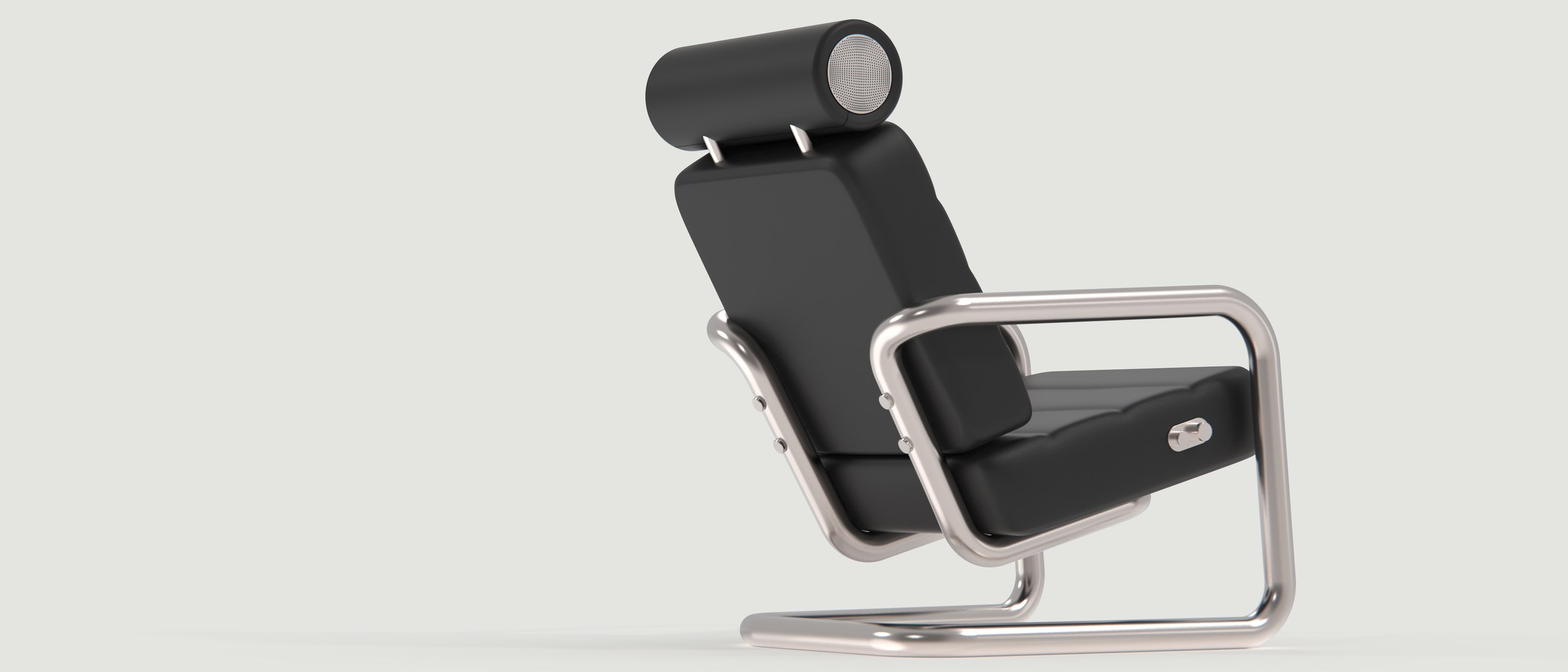 MC_01 audio-integrated lounge chair - black leather on a polished stainless cantilever frame, speaker headrest